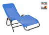 A blue chaise lounge chair on a white background with logos and text in the upper right corner. Produktbild-Vorschau