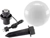 A white globe light, a black stake, and a black light socket with a plug are arranged on a white background. Produktbild-Vorschau