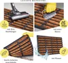 A collage showing four different methods of cleaning a doormat: vacuuming, brushing, shaking, and washing with water. Produktbild-Vorschau