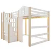 A white and natural wood loft bed with stairs and a curtain. Anteprima dell’immagine prodotto