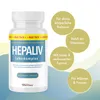 A product shot of a bottle of Hepaliv Leberkomplex capsules, with marketing text in circles around it. Voir les images du produit
