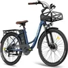 A blue electric bicycle with a front basket and rear rack is shown against a white background. Podgląd zdjęcia produktu