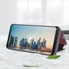 A purple flip case for a Samsung Galaxy S9 is shown standing upright on a marble surface, displaying a city skyline on its screen. Produktbild-Vorschau