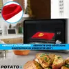 A kitchen scene showing a microwave with a potato bag inside, and a plate of cooked potatoes in the foreground. Produktbild-Vorschau