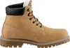 A side view of a tan winter boot with white fur lining. Produktbild-Vorschau