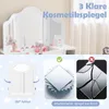 A split image showing a white children's vanity with a tri-fold mirror and accessories, and close-ups of acrylic mirrors. Produktbild-Vorschau