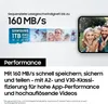 Marketing image showing a microSD card and its performance capabilities, with a phone displaying photos. Produktbild-Vorschau