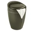 A brown leather-look laundry basket with a white towel draped over the edge. Produktbild-Vorschau