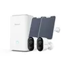 A white Reolink home hub, two solar panels, and two white security cameras are arranged on a white background. Voir les images du produit