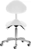 A white saddle stool with a backrest and a chrome base with wheels, isolated on a white background. Produktbild-Vorschau