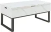 A white marble-look coffee table with a dark metal frame, shown from a slightly elevated side angle against a white background. Náhled obrázku produktu
