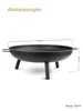 A black metal fire bowl on a white background with measurement indicators. Produktbild-Vorschau