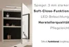 A white bathroom cabinet with a mirror and internal shelves, featuring product features listed in German text. Produktbild-Vorschau