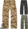 A collage of three pairs of cargo pants, one in khaki, one in black, and one in green. The khaki pants are shown in the center and are the largest image, with the black and green pants shown to the right. Produktbild-Vorschau