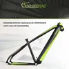 A bicycle frame with green accents, set against a background of an airplane wing and engine. Produktbild-Vorschau