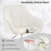 A cream-colored velvet office chair with text overlays and close-up images of its features. Produktbild-Vorschau