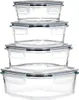 A stack of four clear glass food storage containers with gray lids. Produktbild-Vorschau