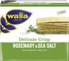 A product shot of Wasa Delicate Crisp Rosemary & Sea Salt crackers on a white and green background. Produktbild-Vorschau