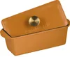 A close-up, angled view of an orange cast iron pot with a gold knob on the lid. Produktbild-Vorschau