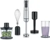 A collection of kitchen appliances, including an immersion blender, whisk attachment, chopper attachment, and blending cup with a purple smoothie. Produktbild-Vorschau
