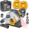 A collage of a wall chaser tool and its accessories, including cutting discs, a case, and adapters. Produktbild-Vorschau
