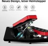 A close-up, angled view of a black and red stepper machine, with marketing text and icons at the top. Voir les images du produit