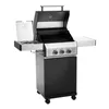 A black and silver gas grill with the lid open, shown from a front-diagonal angle on a white background. Produktbild-Vorschau