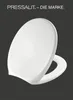 A white toilet seat is shown against a dark gray background, with text at the top. Produktbild-Vorschau