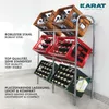 A metal rack holding several crates of bottles, with text describing the product's features. Produktbild-Vorschau