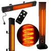 A collage of images showcasing different aspects of an infrared patio heater, including its wall-mounted and standing configurations, a close-up of the heating element, and its remote control. Náhled obrázku produktu