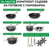 A collage of different cookware items from a set, with dimensions and labels. Náhľad obrázku produktu