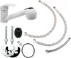 A collection of kitchen faucet parts and accessories laid out on a white background. Produktbild-Vorschau