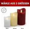 Three LED candles of different sizes are displayed on a white background, with text indicating size options. Produktbild-Vorschau