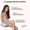 A woman is holding a hair removal device on her leg, with a diagram explaining the treatment stages. Produktbild-Vorschau