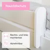 Close-up of a white bed rail with text overlays indicating features. Produktbild-Vorschau