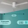 A white ceiling fan is shown against a white ceiling and a teal wall. Text overlays provide product information. Produktbild-Vorschau