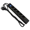 A black power strip with multiple outlets and USB ports, lying on a white background. Produktbild-Vorschau