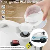 A hand is pouring water into a steam cleaner through a funnel. The steam cleaner is white and has a black handle and wheels. There is text on the image describing the product's features. Produktbild-Vorschau
