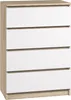 A white and wood-colored chest of drawers with four drawers is shown against a white background.