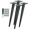Four black metal table legs and a screwdriver with screws are arranged on a white background. Produktbild-Vorschau