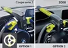 Two images showing a steering wheel lock installed in different car models. Voir les images du produit
