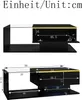 Diagrams and dimensions of a black coffee table with a glass top and LED lighting. Produktbild-Vorschau