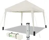 A cream white pop-up canopy tent is shown fully assembled, with its folded frame and carrying bag displayed in the foreground.