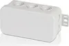 A white electrical junction box with multiple entry points and embossed text. Náhled obrázku produktu