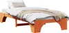 A wooden bed frame with bedding on a white background. Produktbild-Vorschau