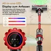 A close-up of a red cordless vacuum cleaner with an LED display, showing its features and modes. Produktbild-Vorschau