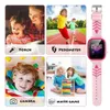 Collage of images showing a pink smartwatch for kids and its features, including a mother and child, children running, a child's face, and children playing with an abacus. Produktbild-Vorschau