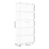 A tall, clear glass display cabinet with multiple shelves and two doors, shown against a white background with measurement annotations. Náhled obrázku produktu