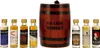 A collection of miniature whisky bottles arranged around a wooden barrel-shaped container, all set against a white background. Produktbild-Vorschau