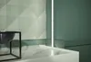 A modern interior design scene featuring a geometric wall panel, a marble countertop, and a dark bowl on a black stand. Produktbild-Vorschau